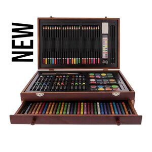 NEW LARGE Wood Box with Art Painting Drawing Supplies Set School Storage Box Org